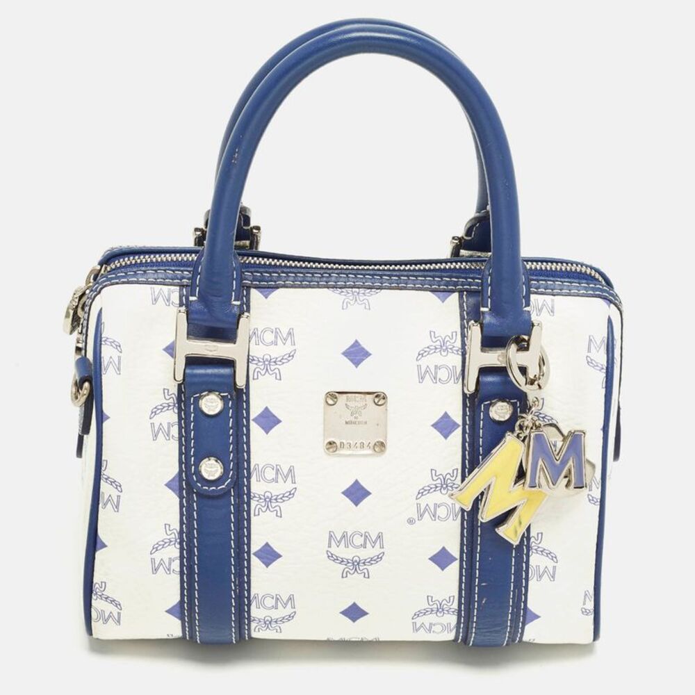 Mcm Charm Blue/white Visetos Coated Canvas And Leather Boston Bag